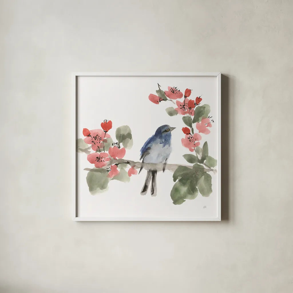 Bird and Blossoms I by Chris Paschke. Shown in a crisp white glass frame for a clean and minimalist style. Available as an archival giclee rolled canvas, fine art paper, or poster print. SKU 99403a.