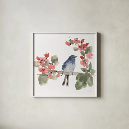 Bird and Blossoms I by Chris Paschke. Shown in a crisp white glass frame for a clean and minimalist style. Available as an archival giclee rolled canvas, fine art paper, or poster print. SKU 99403a.