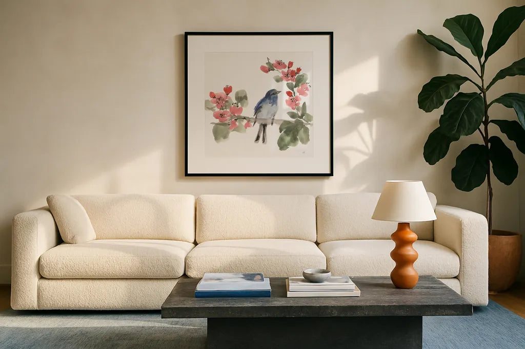 Bird and Blossoms I by Chris Paschke. Displayed in a glass frame with matte in a clean modern living room. Available as an archival giclee rolled canvas, fine art paper, or poster print. SKU 99403a.