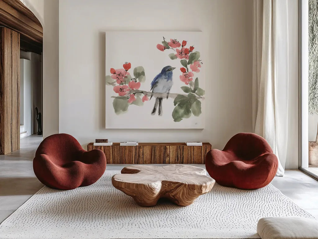 Bird and Blossoms I by Chris Paschke. Shown as extra-large giant wall art in a modern living room. Available as an archival giclee rolled canvas, fine art paper, or poster print. SKU 99403a.