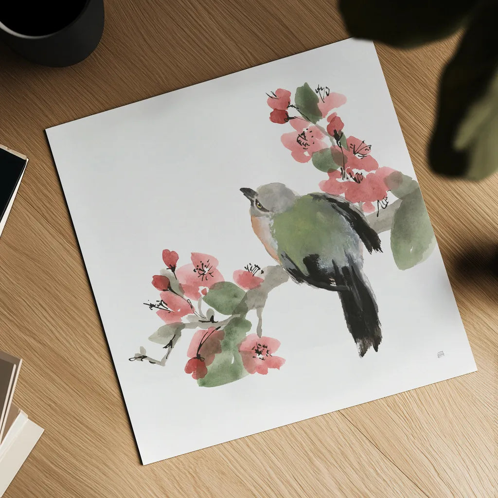 Bird and Blossoms II by Chris Paschke. Shown as a detailed flat fine art print, highlighting archival giclee quality. Available as an archival giclee rolled canvas, fine art paper, or poster print. SKU 99404a.