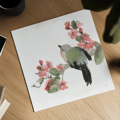 Bird and Blossoms II by Chris Paschke. Shown as a detailed flat fine art print, highlighting archival giclee quality. Available as an archival giclee rolled canvas, fine art paper, or poster print. SKU 99404a.