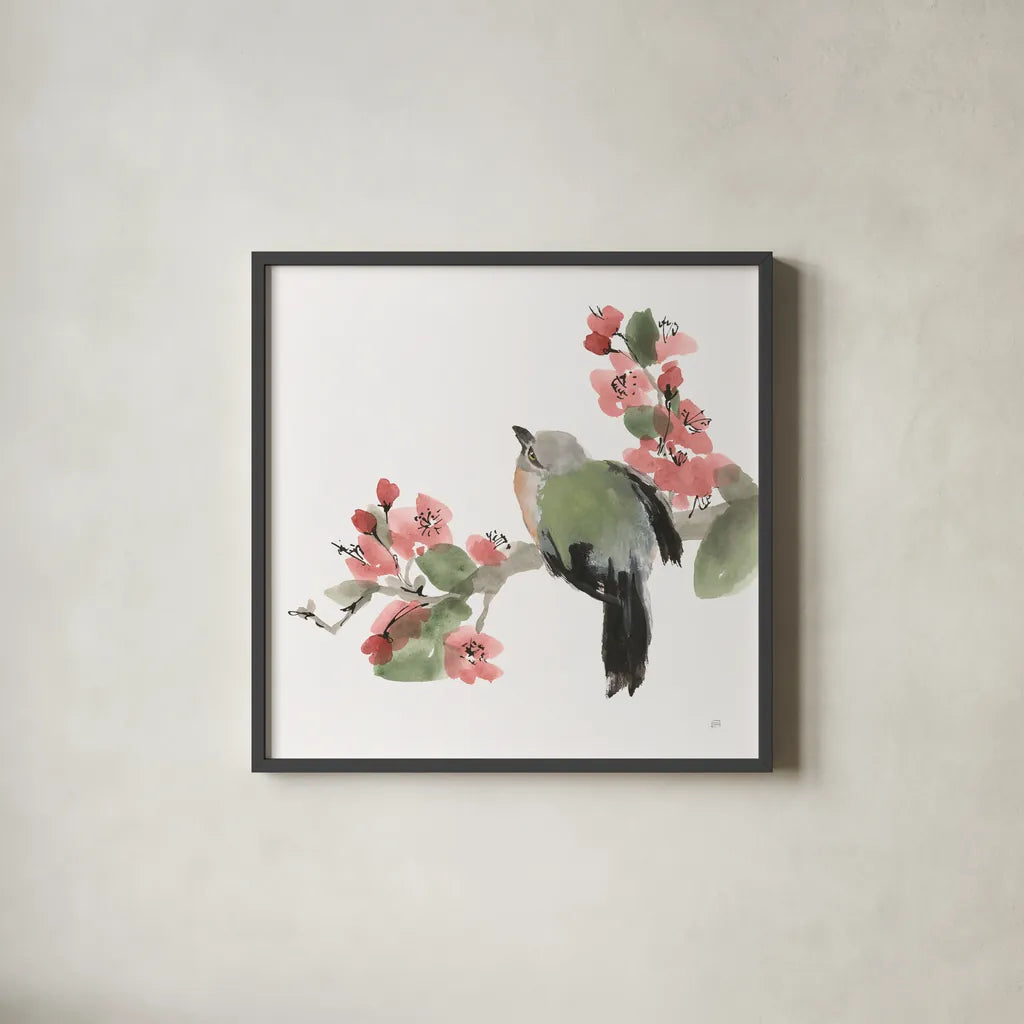 Bird and Blossoms II by Chris Paschke. Shown in a sleek black glass frame for a contemporary gallery look. Available as an archival giclee rolled canvas, fine art paper, or poster print. SKU 99404a.