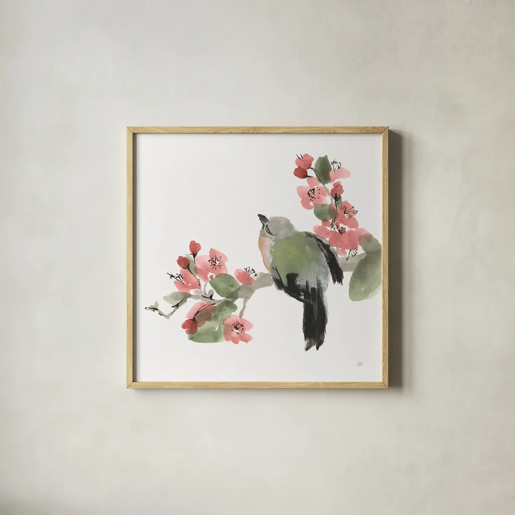 Bird and Blossoms II by Chris Paschke. Shown in a natural wood glass frame for a timeless modern aesthetic. Available as an archival giclee rolled canvas, fine art paper, or poster print. SKU 99404a.
