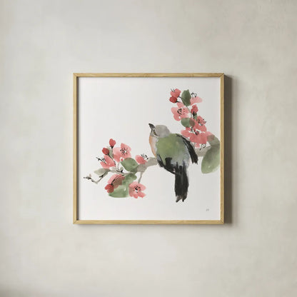 Bird and Blossoms II by Chris Paschke. Shown in a natural wood glass frame for a timeless modern aesthetic. Available as an archival giclee rolled canvas, fine art paper, or poster print. SKU 99404a.