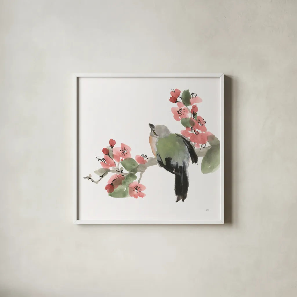 Bird and Blossoms II by Chris Paschke. Shown in a crisp white glass frame for a clean and minimalist style. Available as an archival giclee rolled canvas, fine art paper, or poster print. SKU 99404a.