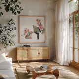 Bird and Blossoms II by Chris Paschke. Shown in a natural wood frame in a cozy modern living room. Available as an archival giclee rolled canvas, fine art paper, or poster print. SKU 99404a.