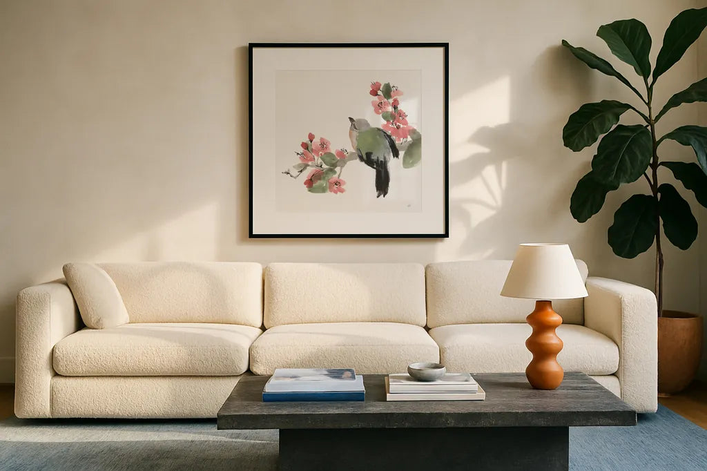 Bird and Blossoms II by Chris Paschke. Displayed in a glass frame with matte in a clean modern living room. Available as an archival giclee rolled canvas, fine art paper, or poster print. SKU 99404a.
