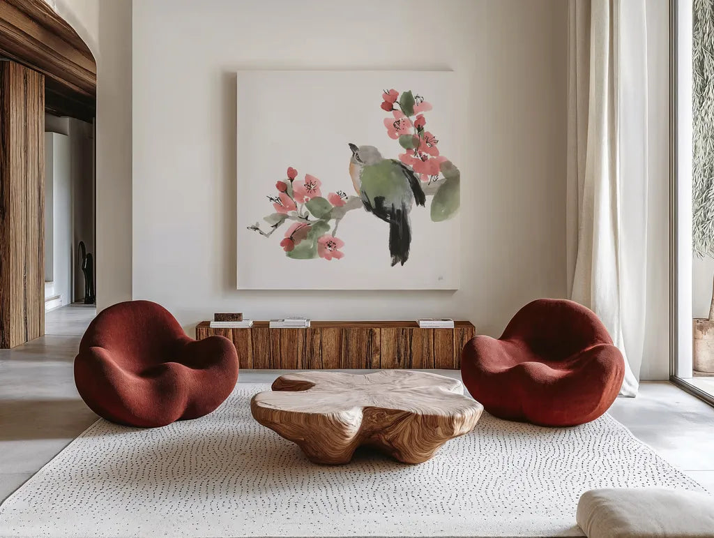 Bird and Blossoms II by Chris Paschke. Shown as extra-large giant wall art in a modern living room. Available as an archival giclee rolled canvas, fine art paper, or poster print. SKU 99404a.