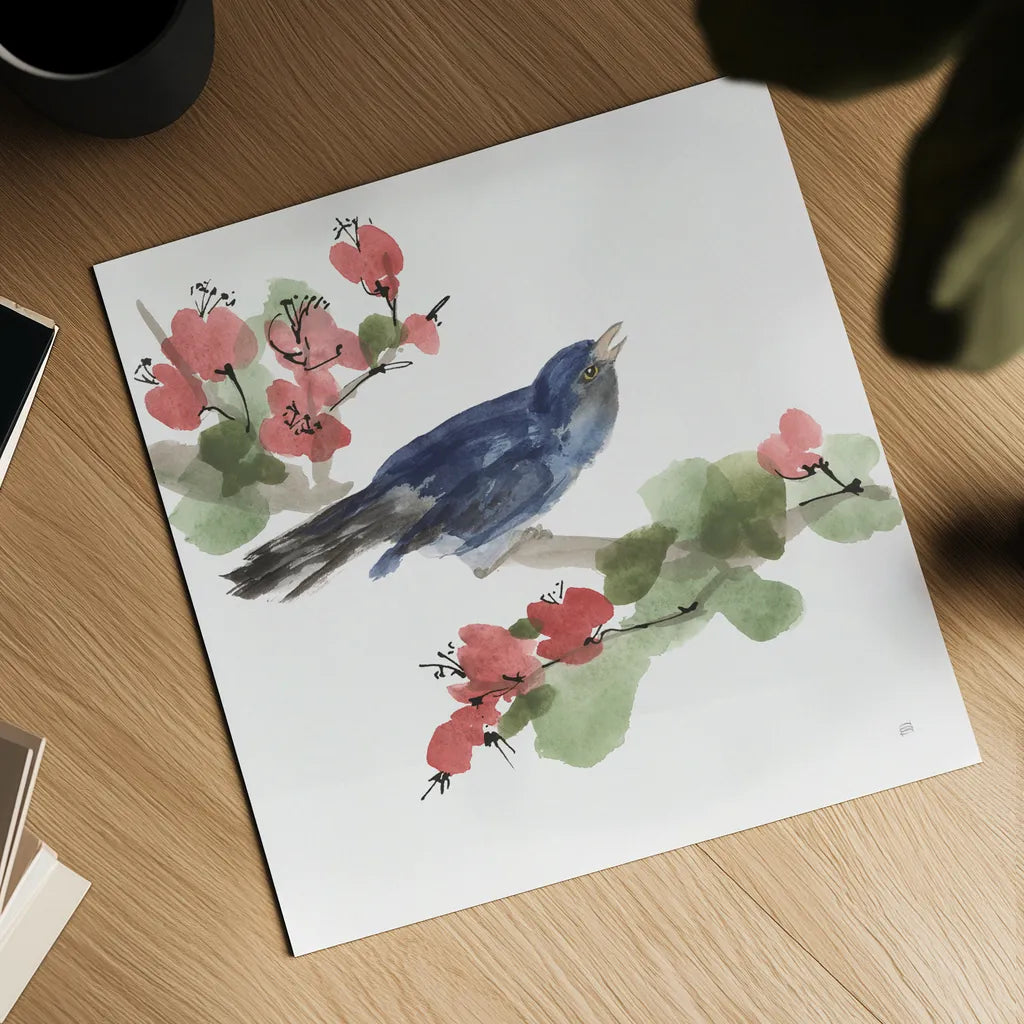 Bird and Blossoms III by Chris Paschke. Shown as a detailed flat fine art print, highlighting archival giclee quality. Available as an archival giclee rolled canvas, fine art paper, or poster print. SKU 99405a.