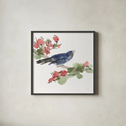 Bird and Blossoms III by Chris Paschke. Shown in a sleek black glass frame for a contemporary gallery look. Available as an archival giclee rolled canvas, fine art paper, or poster print. SKU 99405a.