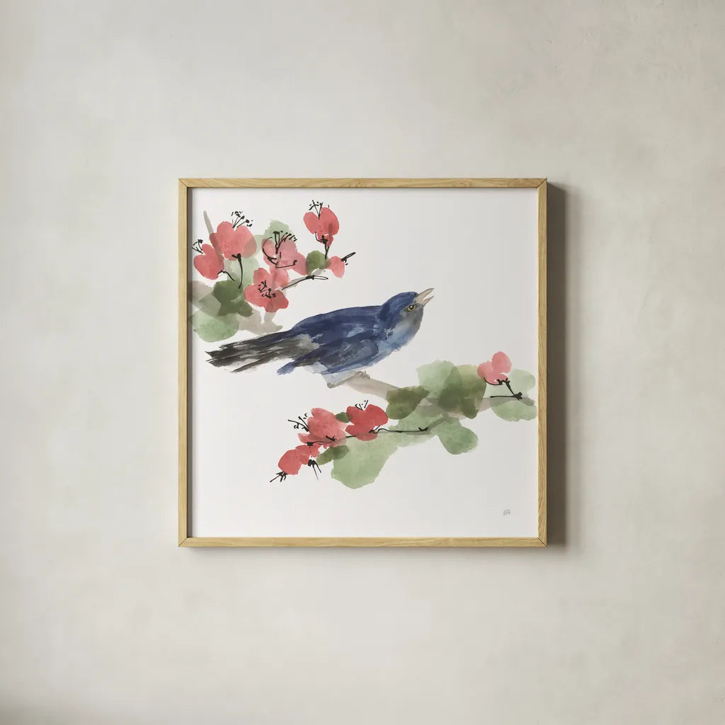 Bird and Blossoms III by Chris Paschke. Shown in a natural wood glass frame for a timeless modern aesthetic. Available as an archival giclee rolled canvas, fine art paper, or poster print. SKU 99405a.