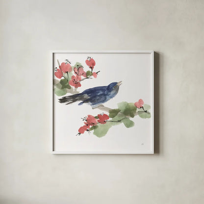 Bird and Blossoms III by Chris Paschke. Shown in a crisp white glass frame for a clean and minimalist style. Available as an archival giclee rolled canvas, fine art paper, or poster print. SKU 99405a.