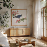 Bird and Blossoms III by Chris Paschke. Shown in a natural wood frame in a cozy modern living room. Available as an archival giclee rolled canvas, fine art paper, or poster print. SKU 99405a.