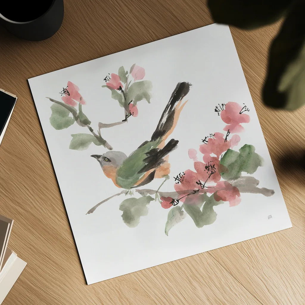 Bird and Blossoms IV by Chris Paschke. Shown as a detailed flat fine art print, highlighting archival giclee quality. Available as an archival giclee rolled canvas, fine art paper, or poster print. SKU 99406a.