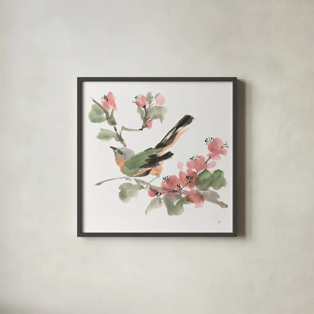 Bird and Blossoms IV by Chris Paschke. Shown in a sleek black glass frame for a contemporary gallery look. Available as an archival giclee rolled canvas, fine art paper, or poster print. SKU 99406a.