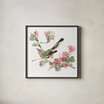 Bird and Blossoms IV by Chris Paschke. Shown in a sleek black glass frame for a contemporary gallery look. Available as an archival giclee rolled canvas, fine art paper, or poster print. SKU 99406a.