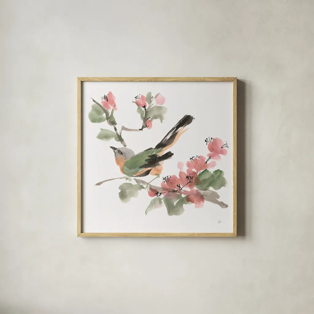 Bird and Blossoms IV by Chris Paschke. Shown in a natural wood glass frame for a timeless modern aesthetic. Available as an archival giclee rolled canvas, fine art paper, or poster print. SKU 99406a.