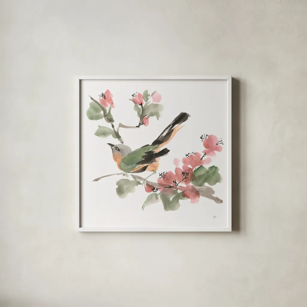 Bird and Blossoms IV by Chris Paschke. Shown in a crisp white glass frame for a clean and minimalist style. Available as an archival giclee rolled canvas, fine art paper, or poster print. SKU 99406a.