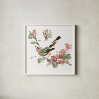 Bird and Blossoms IV by Chris Paschke. Shown in a crisp white glass frame for a clean and minimalist style. Available as an archival giclee rolled canvas, fine art paper, or poster print. SKU 99406a.