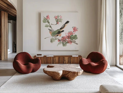 Bird and Blossoms IV by Chris Paschke. Shown as extra-large giant wall art in a modern living room. Available as an archival giclee rolled canvas, fine art paper, or poster print. SKU 99406a.