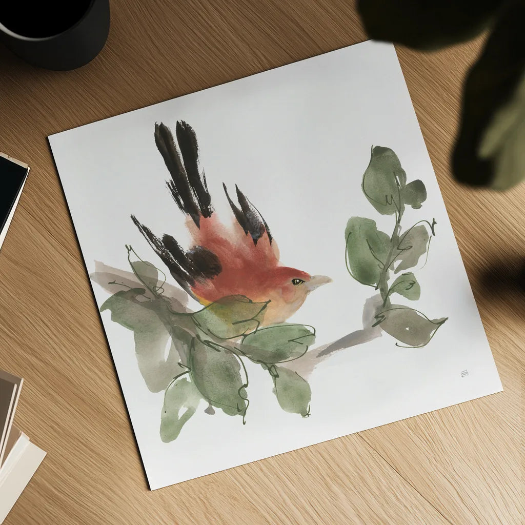 Bird and Leaves I by Chris Paschke. Shown as a detailed flat fine art print, highlighting archival giclee quality. Available as an archival giclee rolled canvas, fine art paper, or poster print. SKU 99362a.