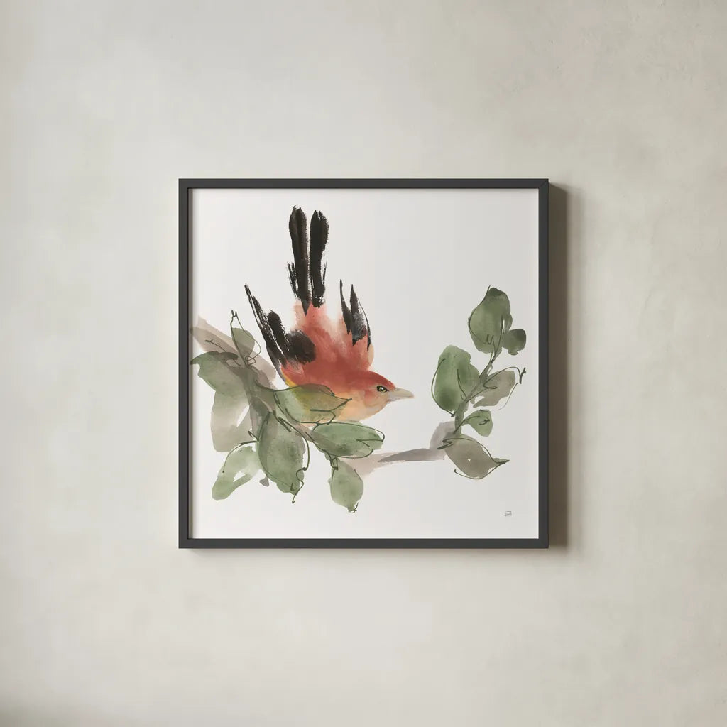 Bird and Leaves I by Chris Paschke. Shown in a sleek black glass frame for a contemporary gallery look. Available as an archival giclee rolled canvas, fine art paper, or poster print. SKU 99362a.