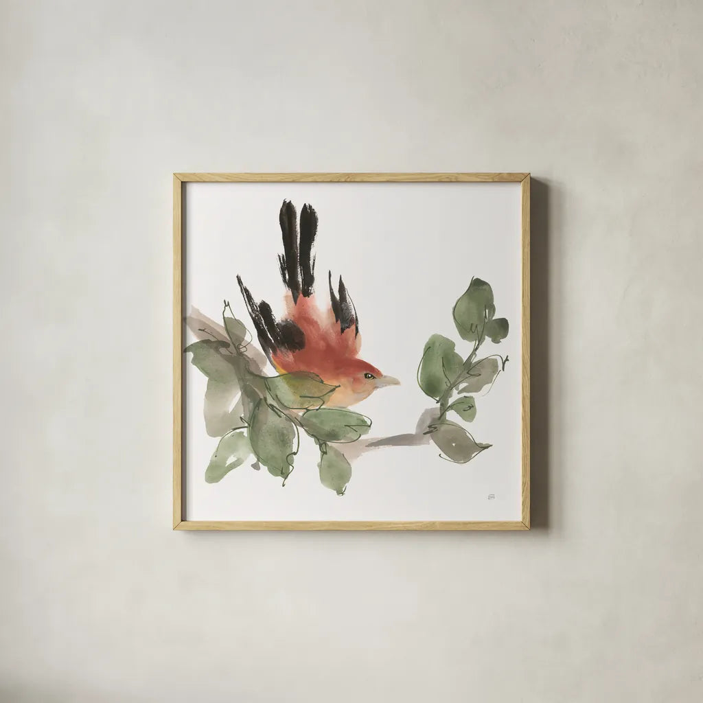 Bird and Leaves I by Chris Paschke. Shown in a natural wood glass frame for a timeless modern aesthetic. Available as an archival giclee rolled canvas, fine art paper, or poster print. SKU 99362a.
