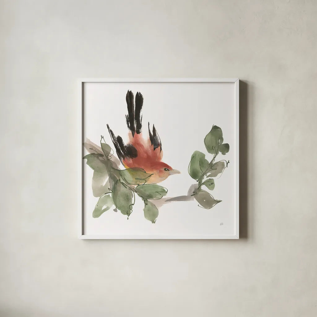 Bird and Leaves I by Chris Paschke. Shown in a crisp white glass frame for a clean and minimalist style. Available as an archival giclee rolled canvas, fine art paper, or poster print. SKU 99362a.