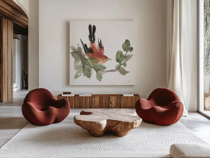 Bird and Leaves I by Chris Paschke. Shown as extra-large giant wall art in a modern living room. Available as an archival giclee rolled canvas, fine art paper, or poster print. SKU 99362a.