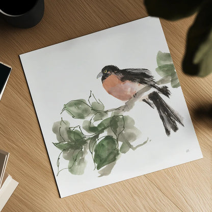 Bird and Leaves II by Chris Paschke. Shown as a detailed flat fine art print, highlighting archival giclee quality. Available as an archival giclee rolled canvas, fine art paper, or poster print. SKU 99363a.