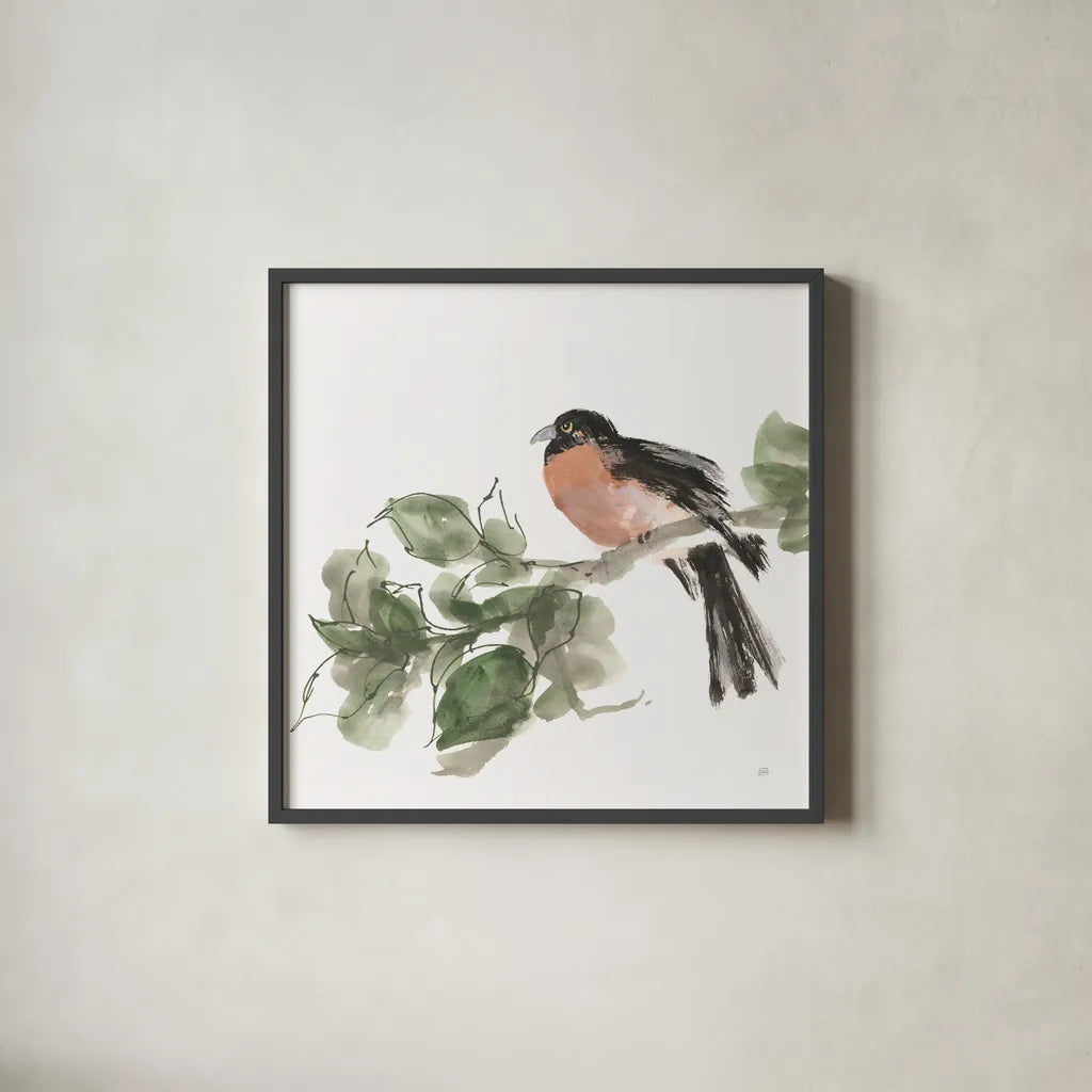 Bird and Leaves II by Chris Paschke. Shown in a sleek black glass frame for a contemporary gallery look. Available as an archival giclee rolled canvas, fine art paper, or poster print. SKU 99363a.