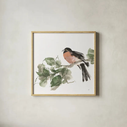 Bird and Leaves II by Chris Paschke. Shown in a natural wood glass frame for a timeless modern aesthetic. Available as an archival giclee rolled canvas, fine art paper, or poster print. SKU 99363a.
