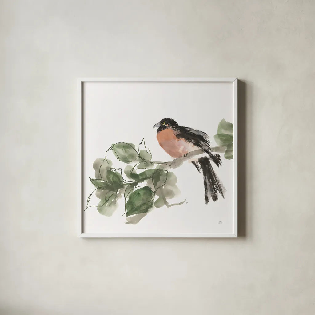 Bird and Leaves II by Chris Paschke. Shown in a crisp white glass frame for a clean and minimalist style. Available as an archival giclee rolled canvas, fine art paper, or poster print. SKU 99363a.