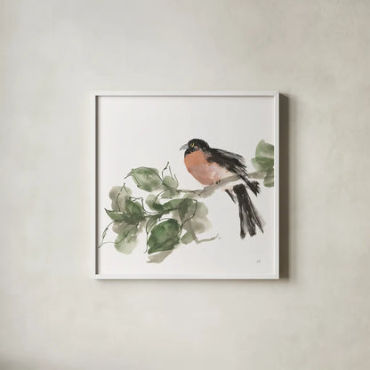 Bird and Leaves II by Chris Paschke. Shown in a crisp white glass frame for a clean and minimalist style. Available as an archival giclee rolled canvas, fine art paper, or poster print. SKU 99363a.