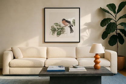Bird and Leaves II by Chris Paschke. Displayed in a glass frame with matte in a clean modern living room. Available as an archival giclee rolled canvas, fine art paper, or poster print. SKU 99363a.
