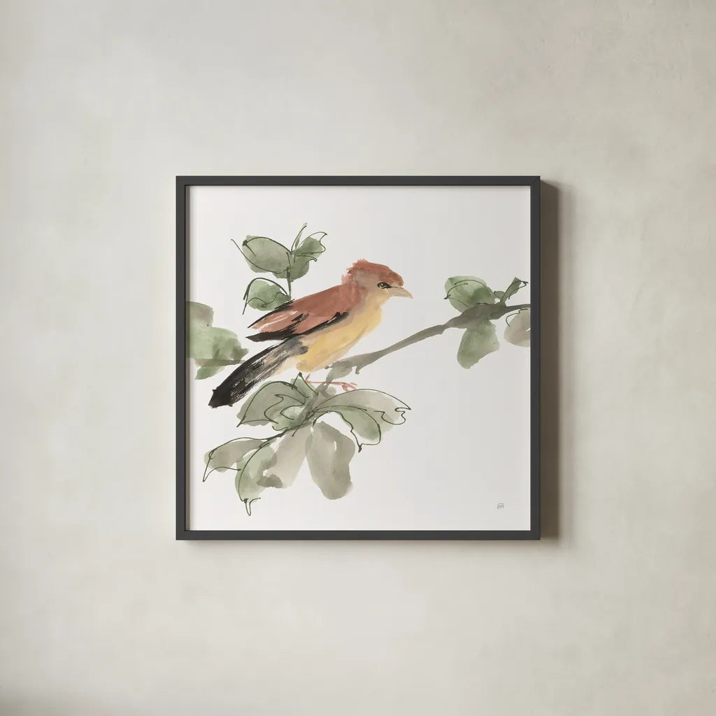 Bird and Leaves III by Chris Paschke. Shown in a sleek black glass frame for a contemporary gallery look. Available as an archival giclee rolled canvas, fine art paper, or poster print. SKU 99364a.