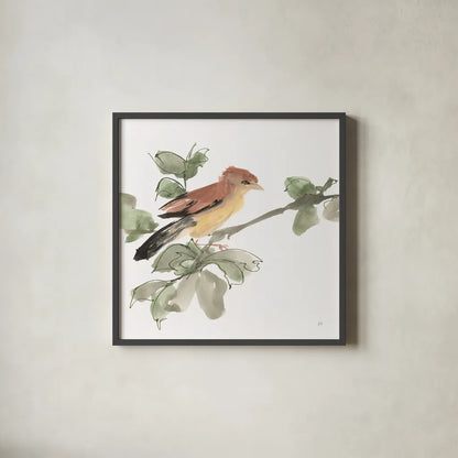 Bird and Leaves III by Chris Paschke. Shown in a sleek black glass frame for a contemporary gallery look. Available as an archival giclee rolled canvas, fine art paper, or poster print. SKU 99364a.