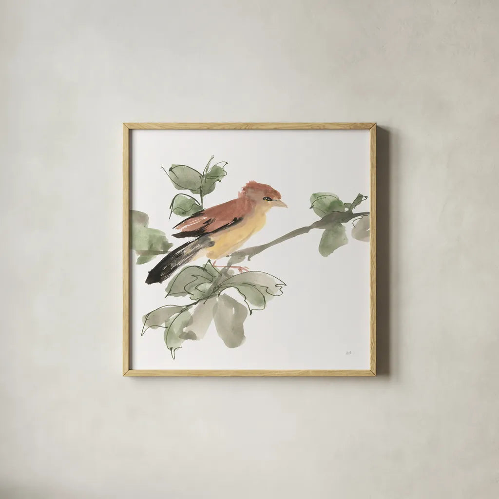 Bird and Leaves III by Chris Paschke. Shown in a natural wood glass frame for a timeless modern aesthetic. Available as an archival giclee rolled canvas, fine art paper, or poster print. SKU 99364a.