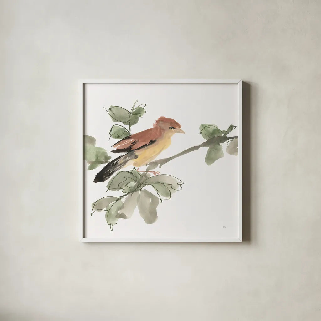 Bird and Leaves III by Chris Paschke. Shown in a crisp white glass frame for a clean and minimalist style. Available as an archival giclee rolled canvas, fine art paper, or poster print. SKU 99364a.