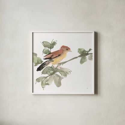 Bird and Leaves III by Chris Paschke. Shown in a crisp white glass frame for a clean and minimalist style. Available as an archival giclee rolled canvas, fine art paper, or poster print. SKU 99364a.