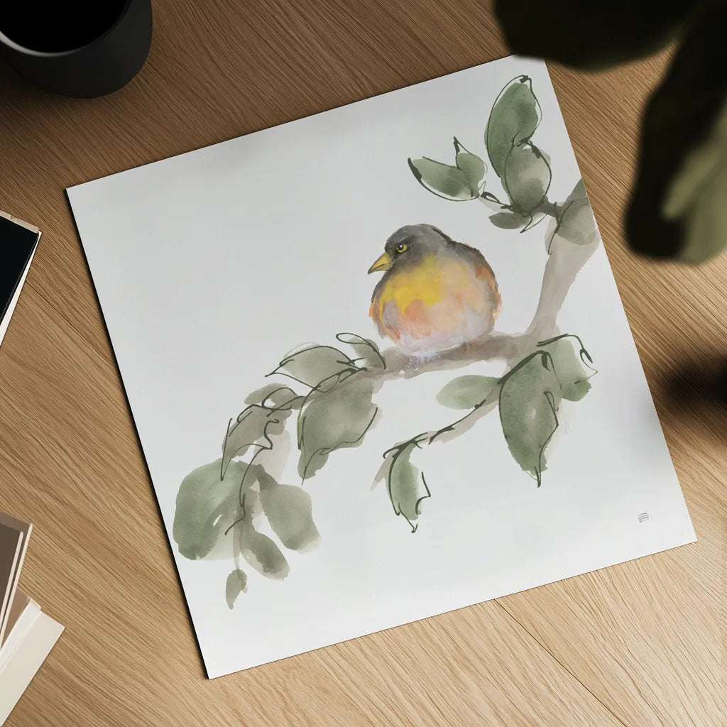 Bird and Leaves IV by Chris Paschke. Shown as a detailed flat fine art print, highlighting archival giclee quality. Available as an archival giclee rolled canvas, fine art paper, or poster print. SKU 99365a.