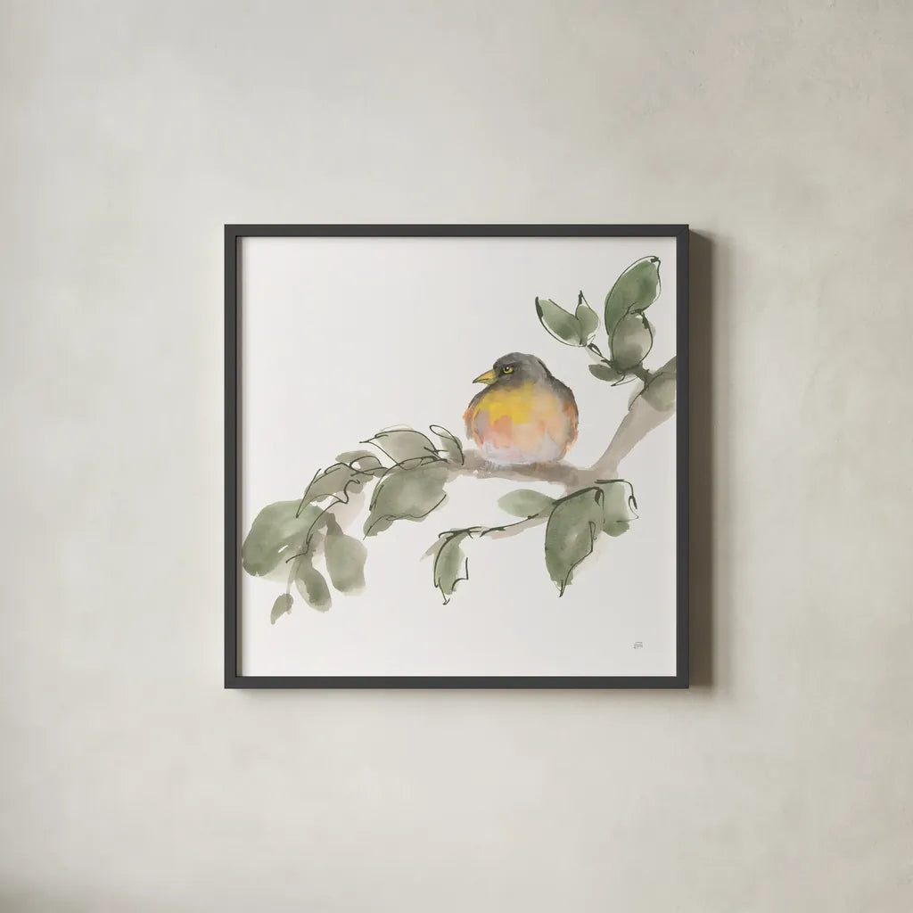 Bird and Leaves IV by Chris Paschke. Shown in a sleek black glass frame for a contemporary gallery look. Available as an archival giclee rolled canvas, fine art paper, or poster print. SKU 99365a.