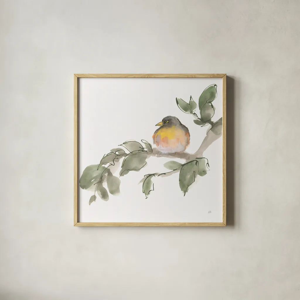 Bird and Leaves IV by Chris Paschke. Shown in a natural wood glass frame for a timeless modern aesthetic. Available as an archival giclee rolled canvas, fine art paper, or poster print. SKU 99365a.