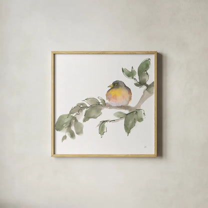 Bird and Leaves IV by Chris Paschke. Shown in a natural wood glass frame for a timeless modern aesthetic. Available as an archival giclee rolled canvas, fine art paper, or poster print. SKU 99365a.