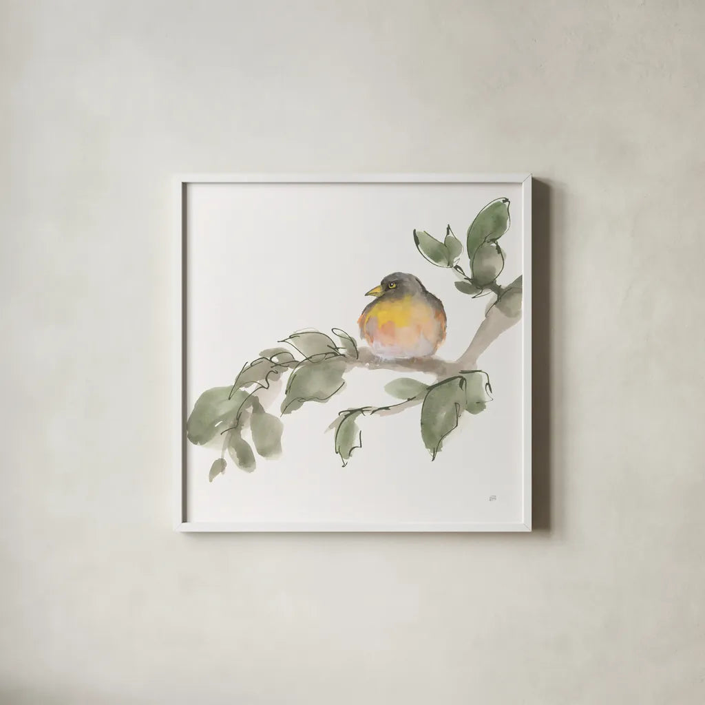 Bird and Leaves IV by Chris Paschke. Shown in a crisp white glass frame for a clean and minimalist style. Available as an archival giclee rolled canvas, fine art paper, or poster print. SKU 99365a.