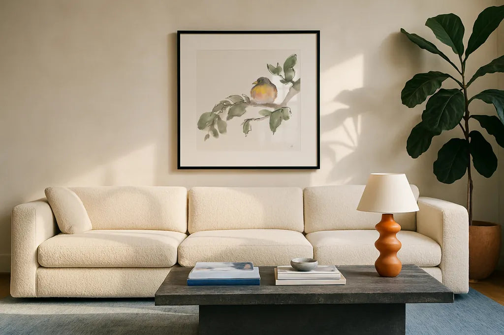 Bird and Leaves IV by Chris Paschke. Displayed in a glass frame with matte in a clean modern living room. Available as an archival giclee rolled canvas, fine art paper, or poster print. SKU 99365a.