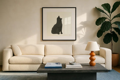 Black Cat I by Chris Paschke. Displayed in a glass frame with matte in a clean modern living room. Available as an archival giclee rolled canvas, fine art paper, or poster print. SKU 56269a.