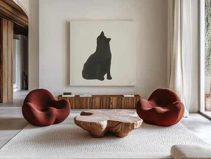 Black Cat I by Chris Paschke. Shown as extra-large giant wall art in a modern living room. Available as an archival giclee rolled canvas, fine art paper, or poster print. SKU 56269a.