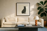 Black Cat II by Chris Paschke. Displayed in a glass frame with matte in a clean modern living room. Available as an archival giclee rolled canvas, fine art paper, or poster print. SKU 56270a.